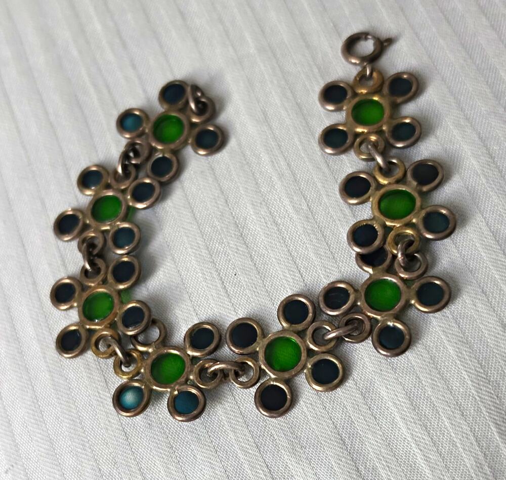 Vintage European 800 Silver Plique-a-Jour Enamel Floral Link Panel Bracelet
